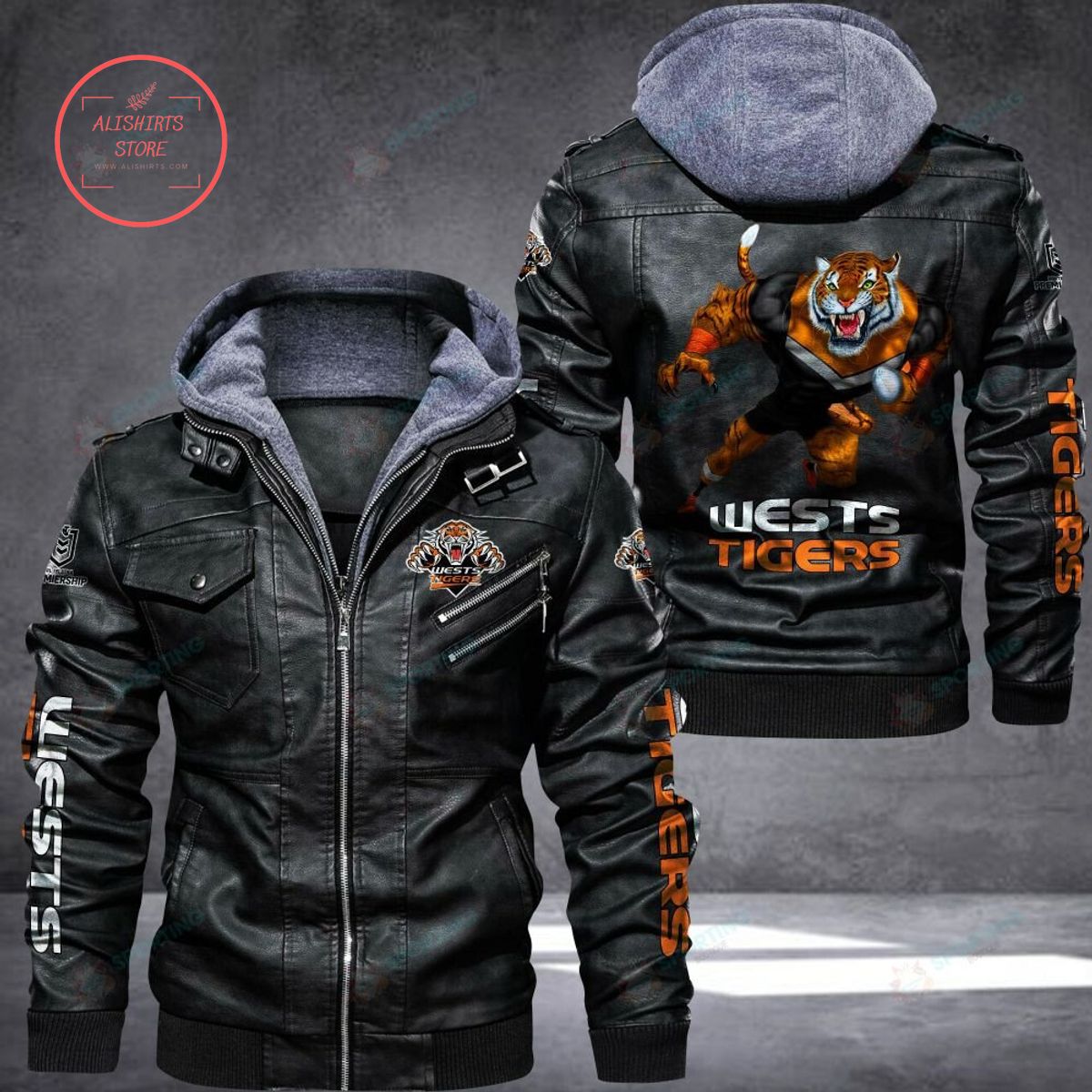 NRL Wests Tigers Mascot Leather Jacket Hooded Fleece For Fan
