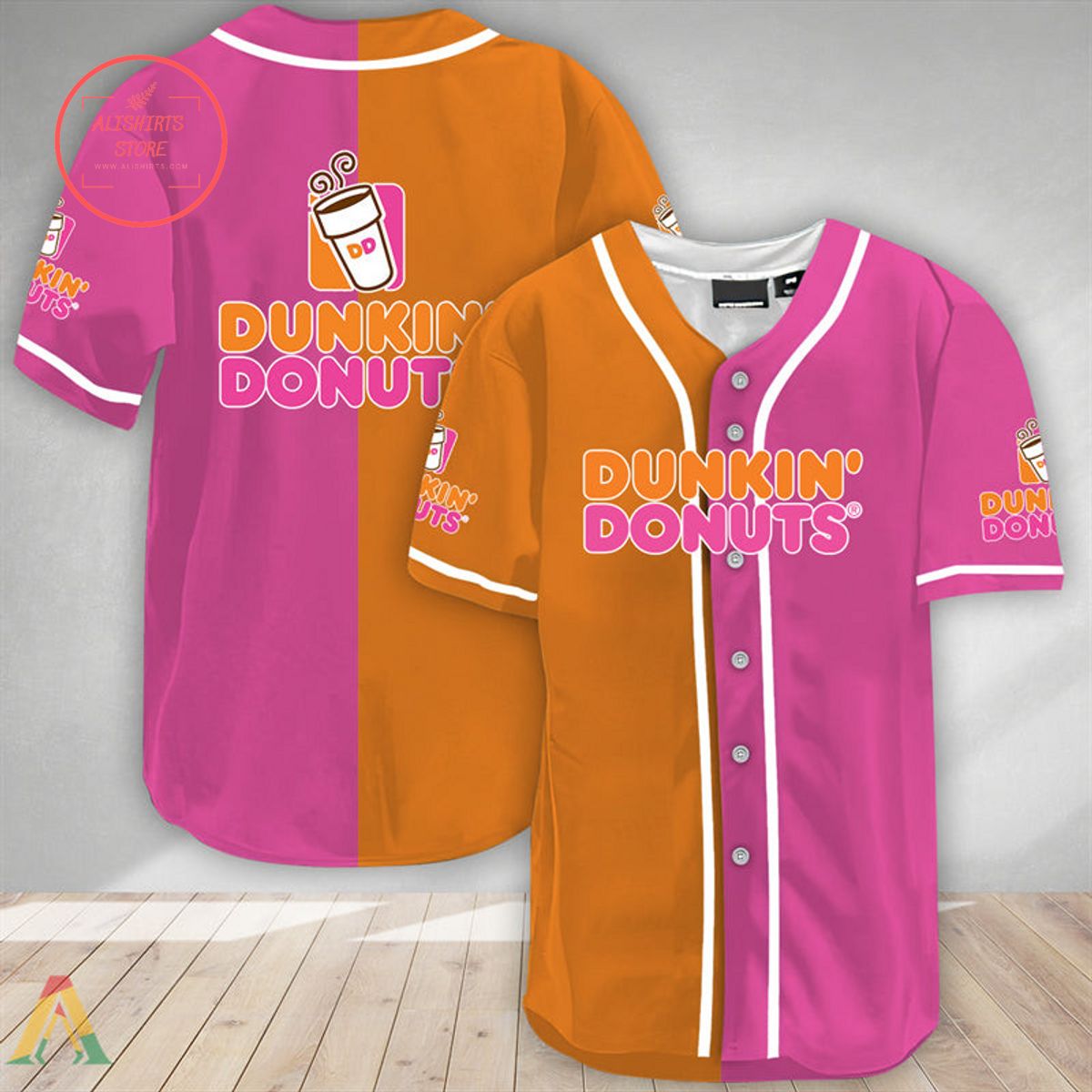 Orange And Pink Split Dunkin Donuts Baseball JerseyOrange And Pink Split Dunkin Donuts Baseball Jersey