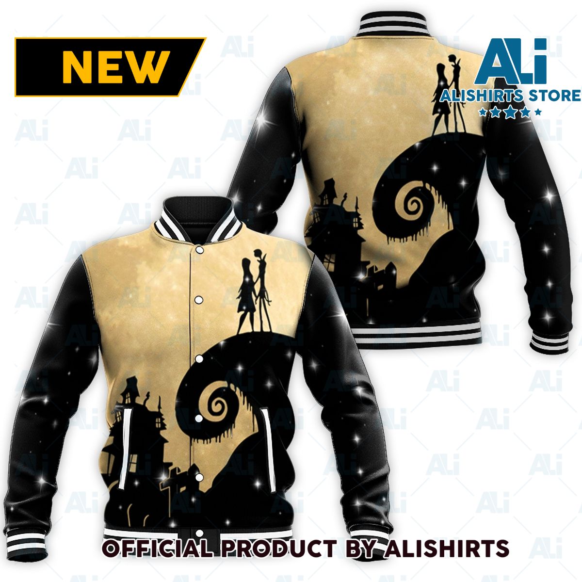 Jack Skellington Sally Nigh are Before Chris as Skellington Halloween varsity jacket