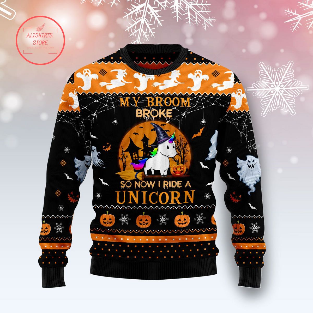 Unicorn Broom Halloween Ugly Christmas Sweater
