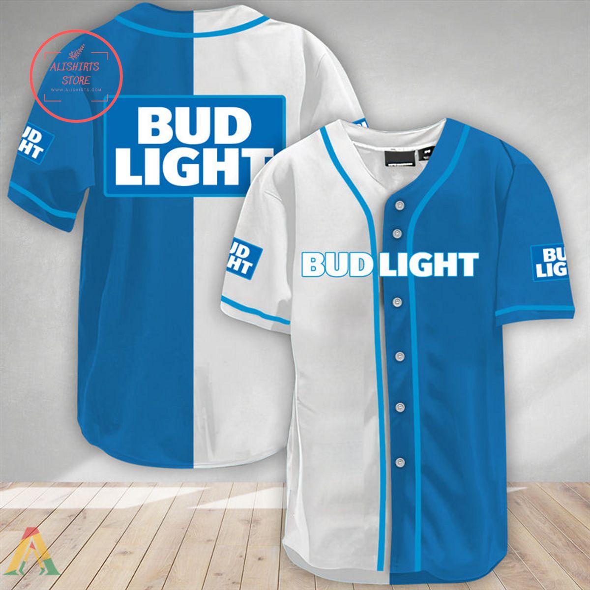 White And Blue Split Bud Light Baseball Jersey