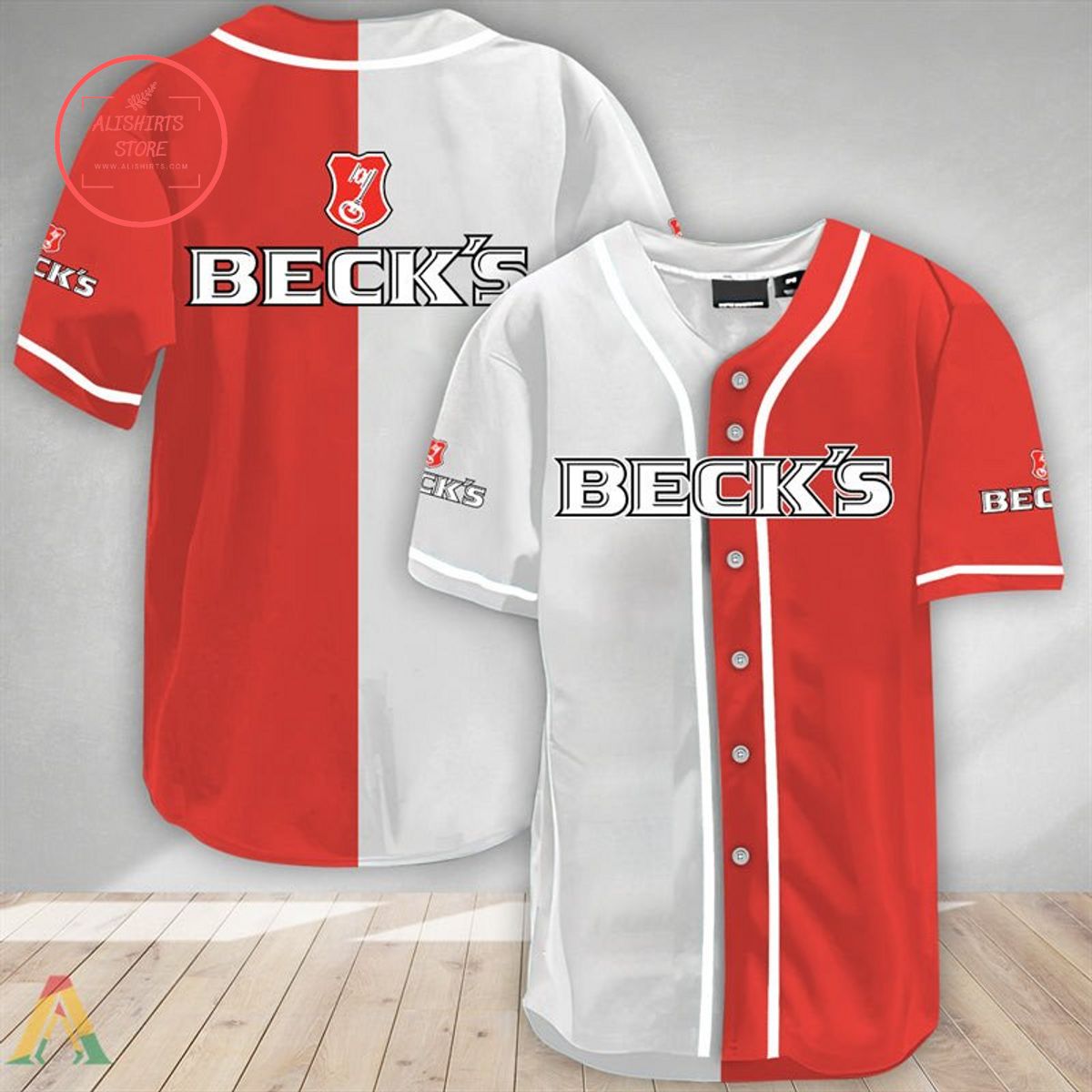 White And Red Split Beck’s Beer Baseball Jersey