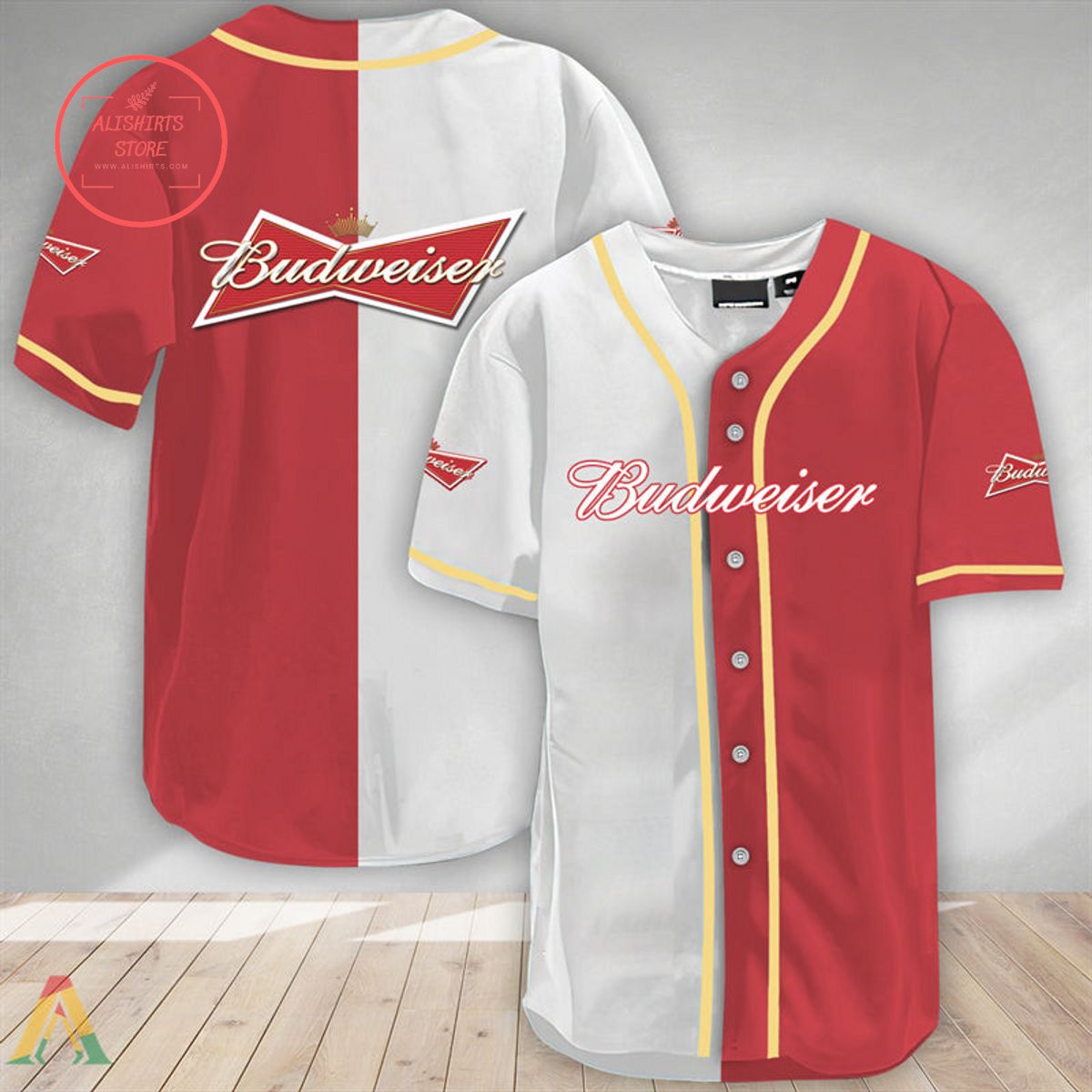 White And Red Split Budweiser Beer Baseball Jersey