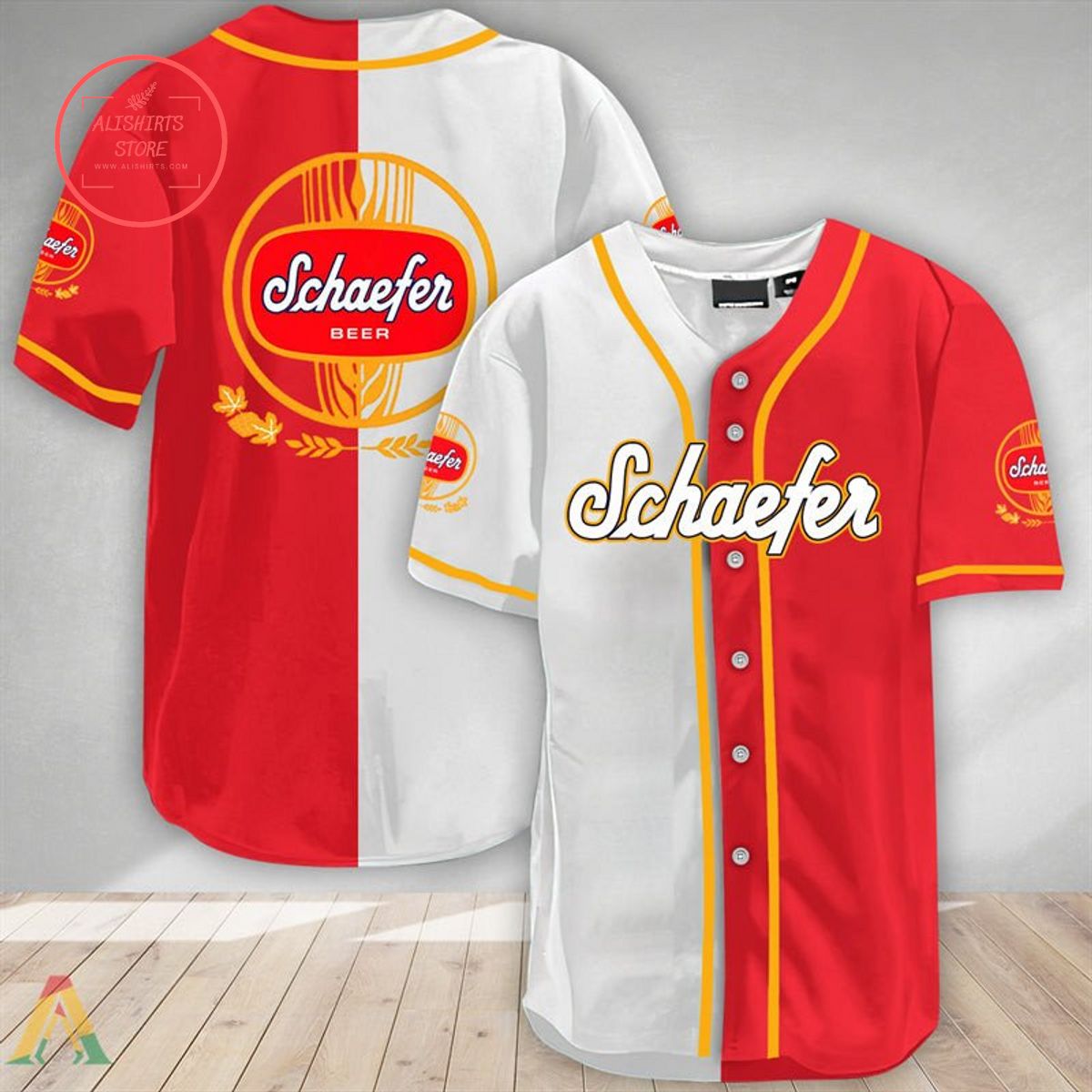 White And Red Split Schaefer Beer Baseball Jersey