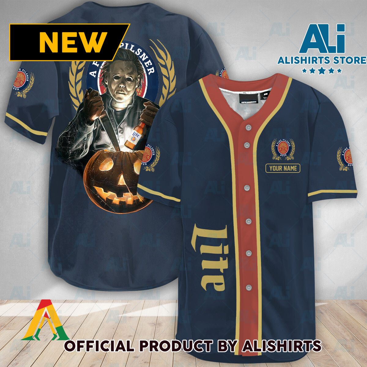 Personalized Scary Michael Myers Pumpkin Miller Lite Baseball Jersey