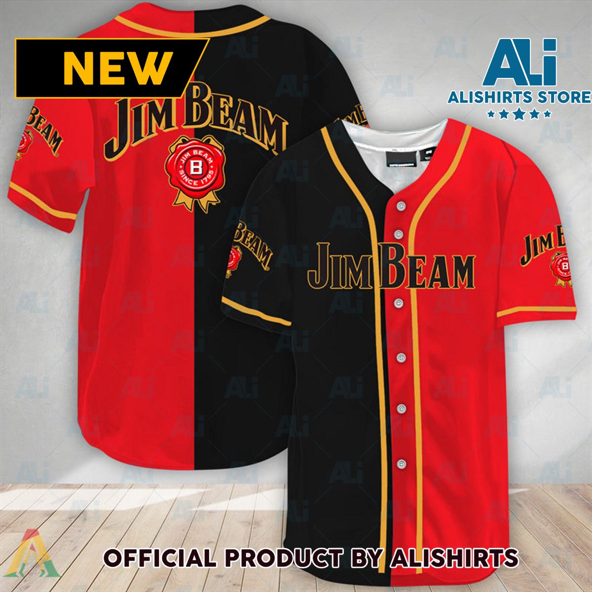 Black And Red Split Jim Beam Baseball Jersey