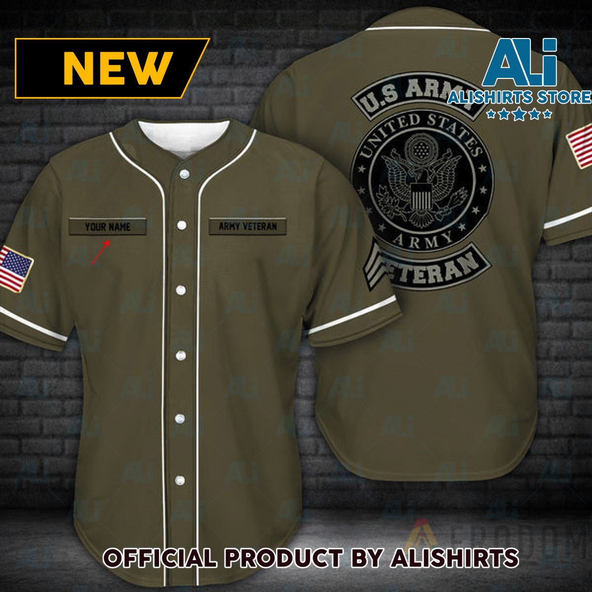 Personalized Moss Green US Army Veteran Baseball Jersey