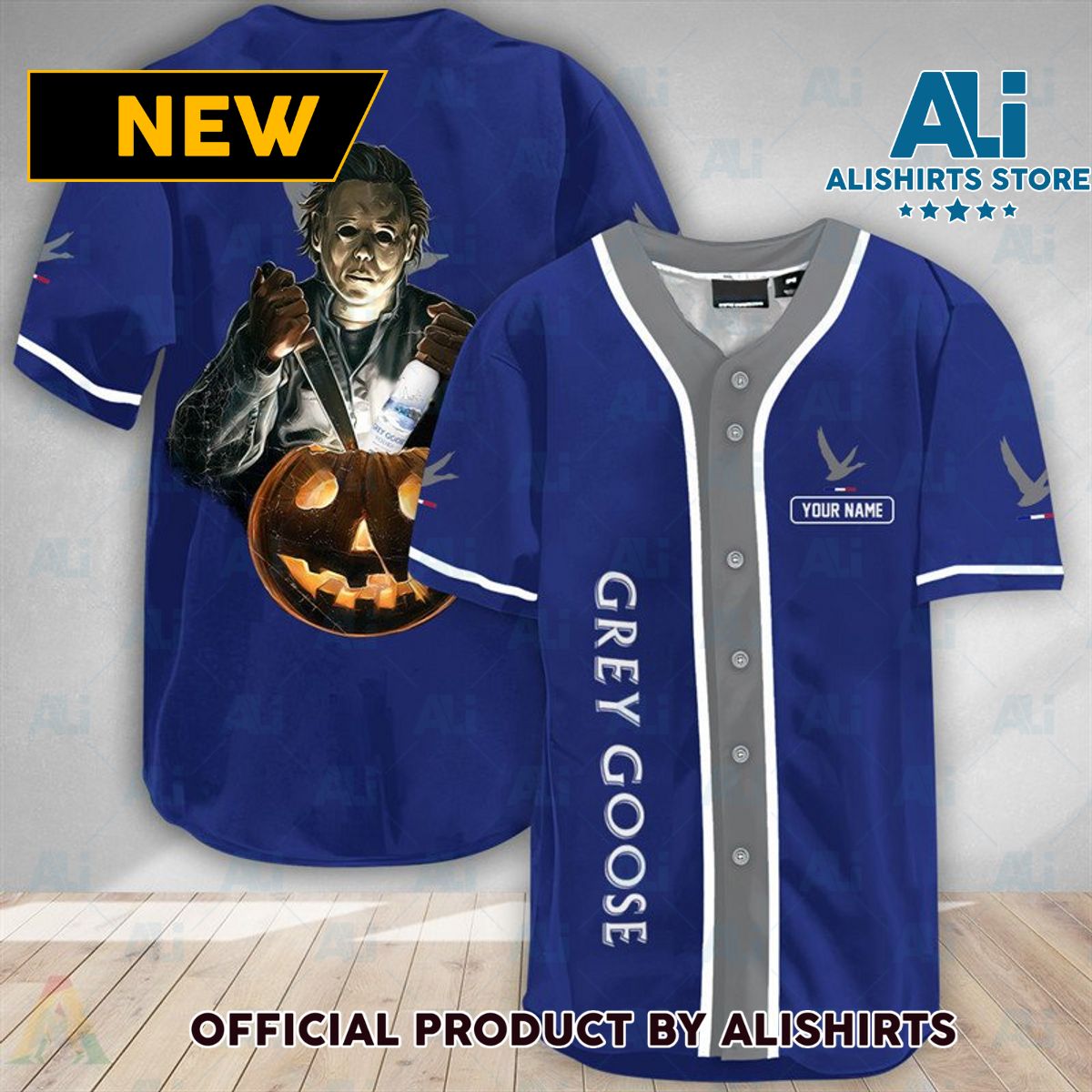 Personalized Scary Michael Myers Pumpkin Grey Goose Baseball Jersey