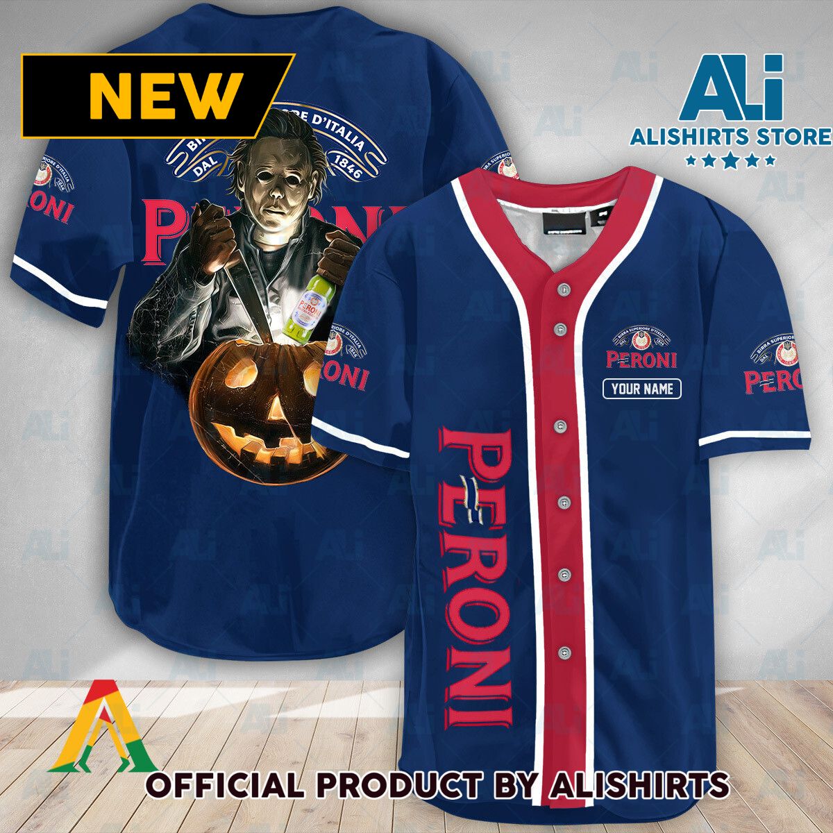 Personalized Scary Michael Myers Pumpkin Peroni Beer Baseball Jersey