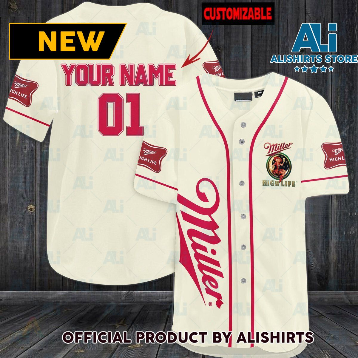 Personalized Beige Miller High Life Baseball Jersey