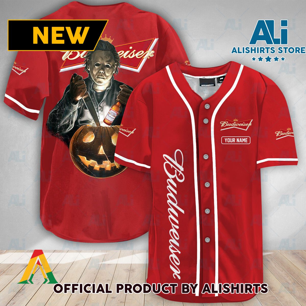 Personalized Scary Michael Myers Pumpkin Budweiser Baseball Jersey