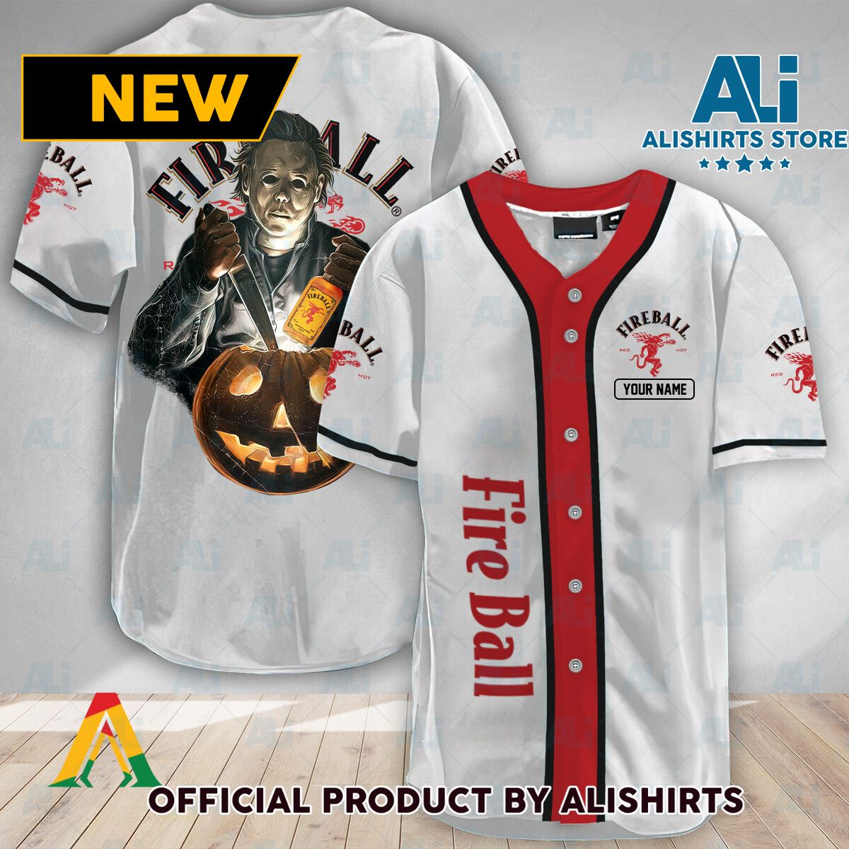 Personalized Scary Michael Myers Pumpkin Fireball Baseball Jersey