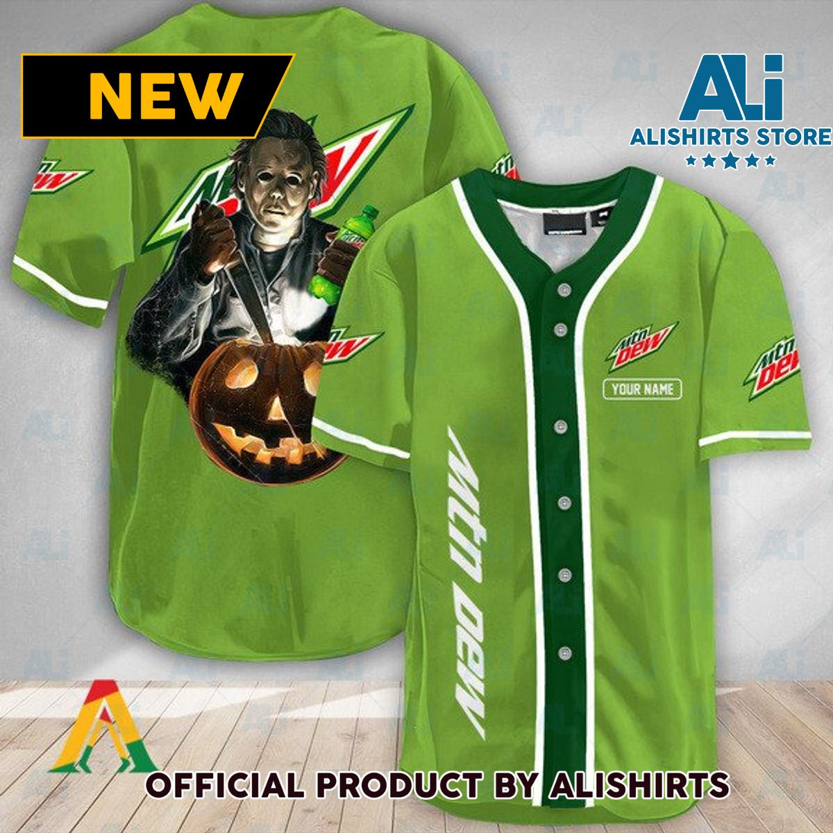 Personalized Scary Michael Myers Pumpkin Mountain Dew Baseball Jersey