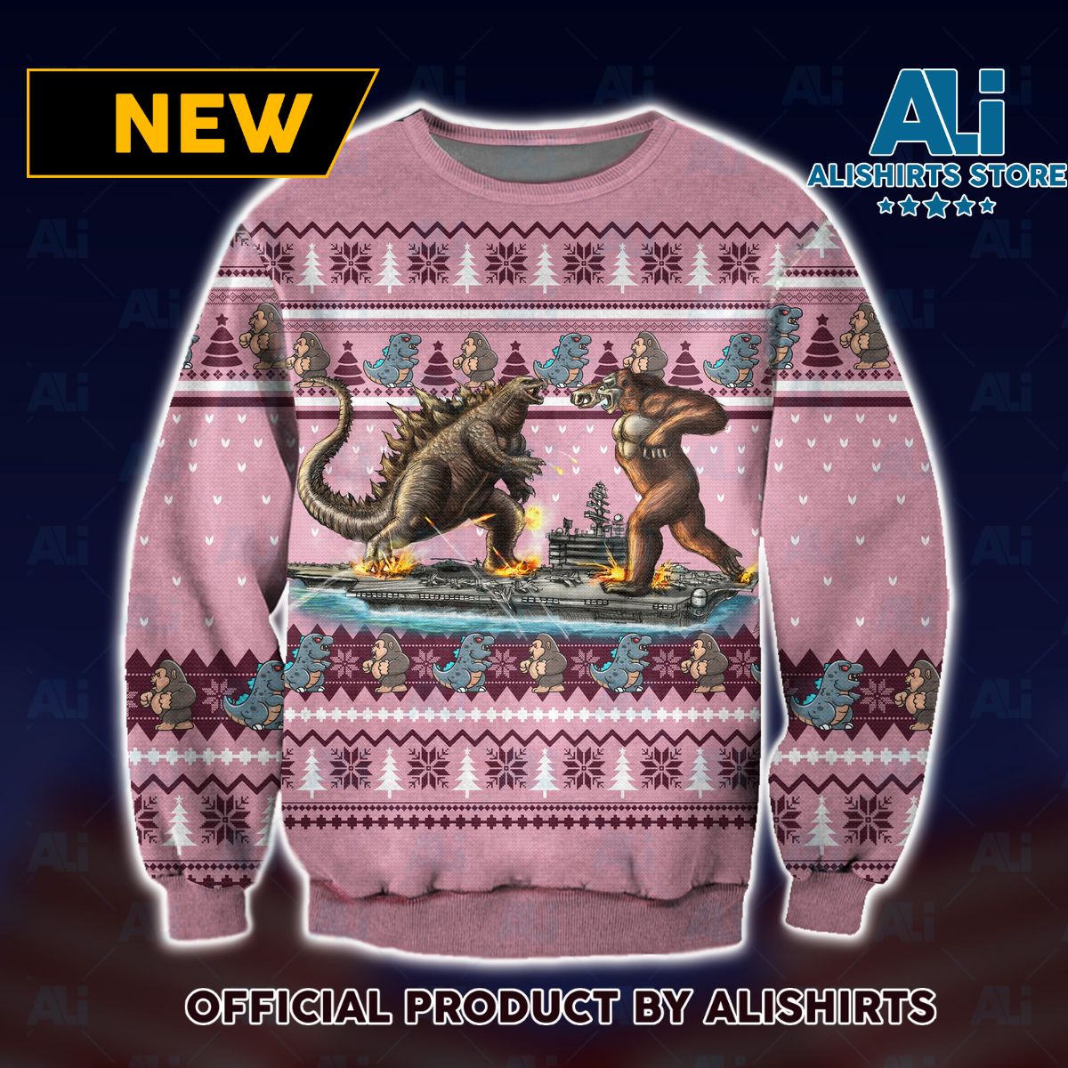 Kong vs Godzilla on Ship Ugly Christmas Sweater