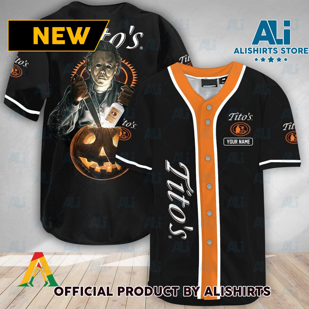 Personalized Scary Michael Myers Pumpkin Tito's Vodka Baseball Jersey