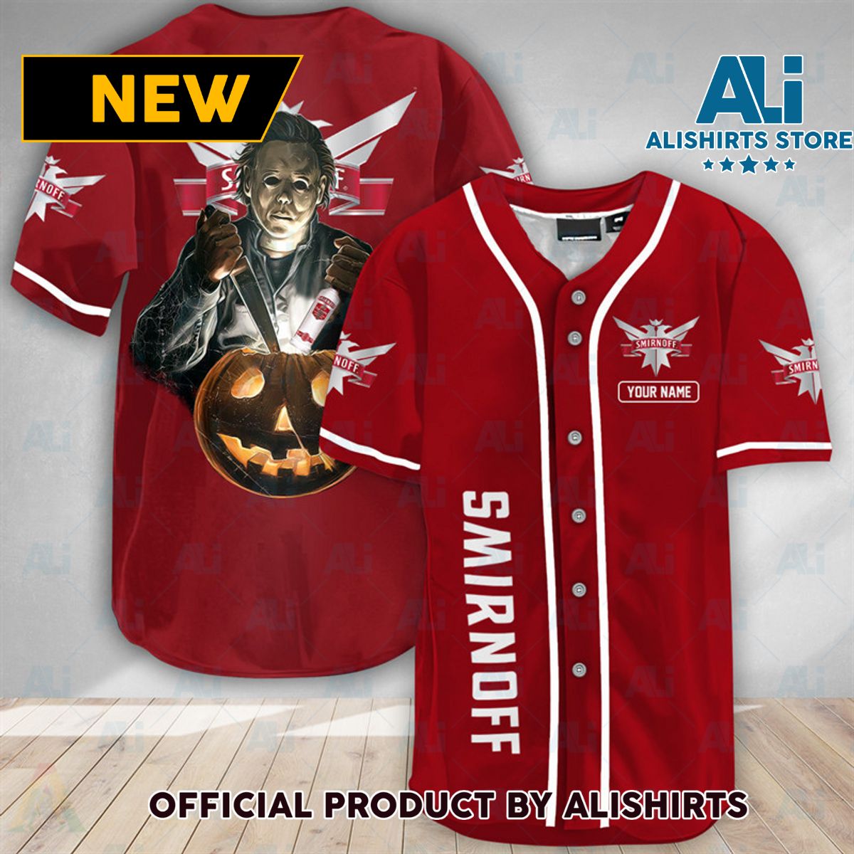 Personalized Michael Myers Pumpkin Smirnoff Vodka Baseball Jersey