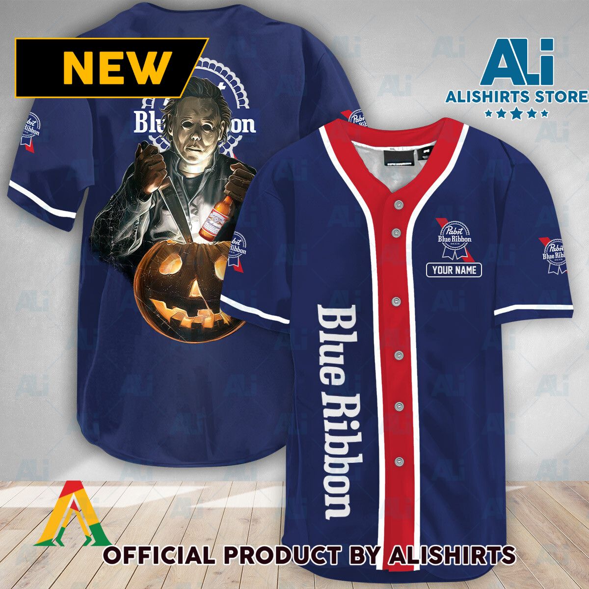 Personalized Scary Michael Myers Pumpkin Pabst Blue Ribbon Jersey