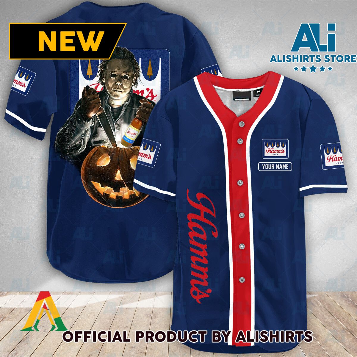 Personalized Scary Michael Myers Pumpkin Hamm's Beer Baseball Jersey