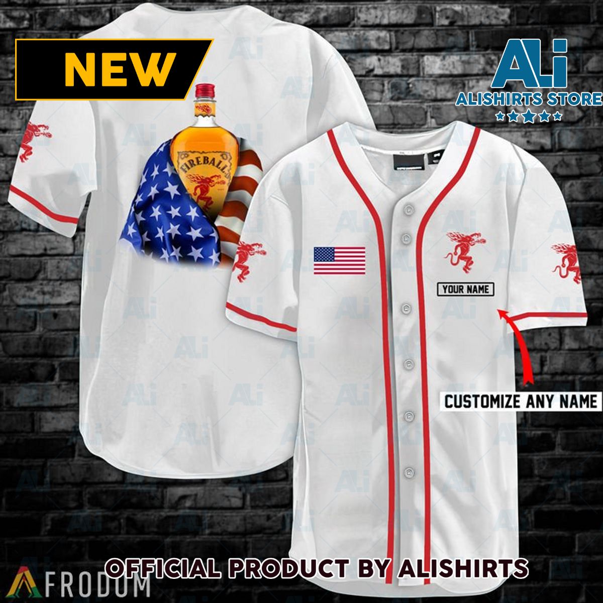 Personalized Vintage White USA Flag Fireball Whisky Jersey Shirt