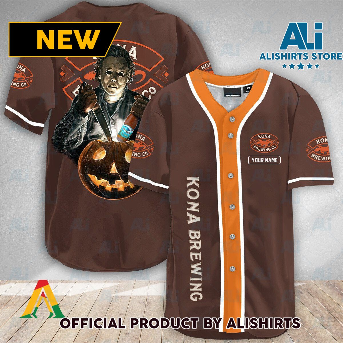 Personalized Scary Michael Myers Pumpkin Kona Brewing Baseball Jersey