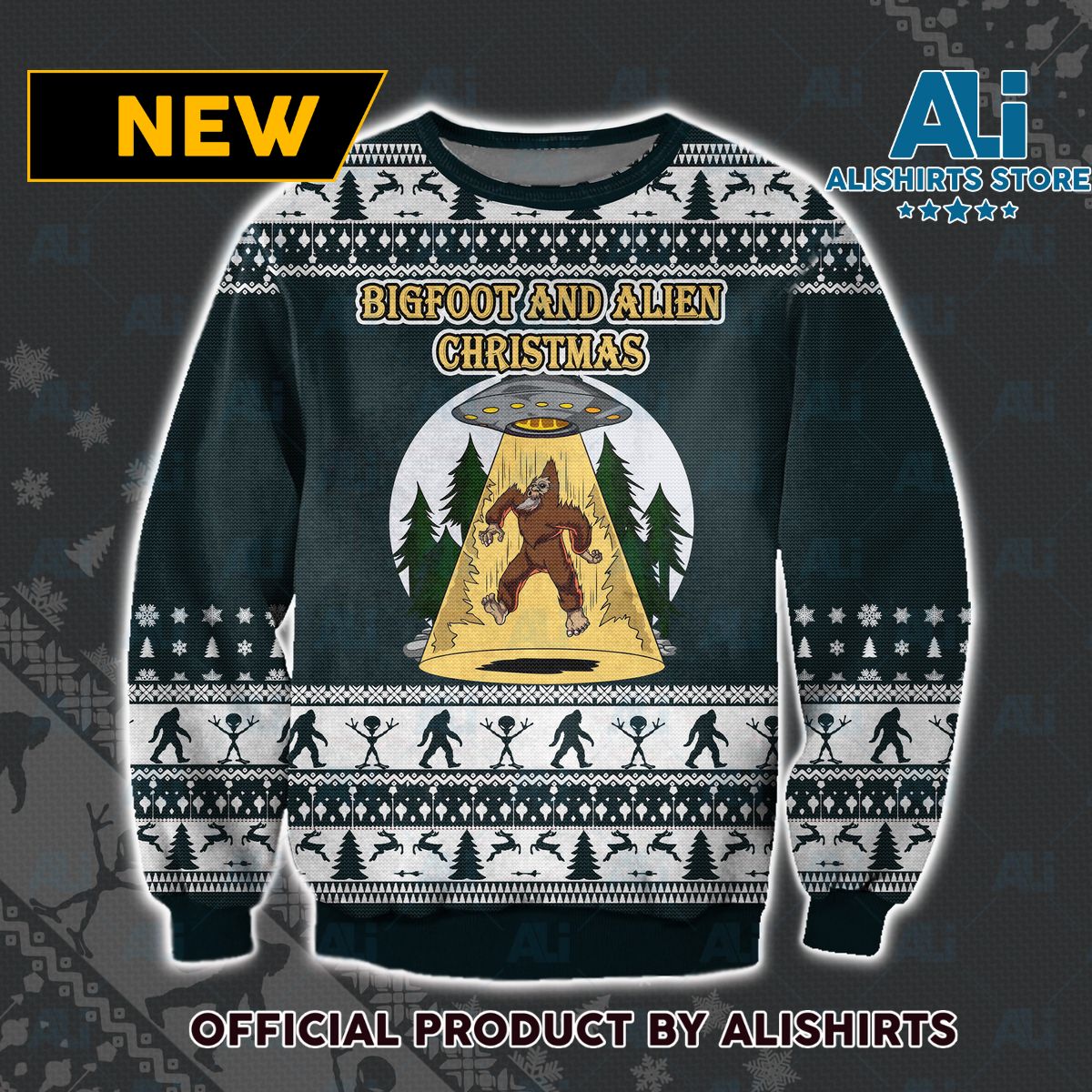 Bigfoot and Alien Ugly Christmas Sweater