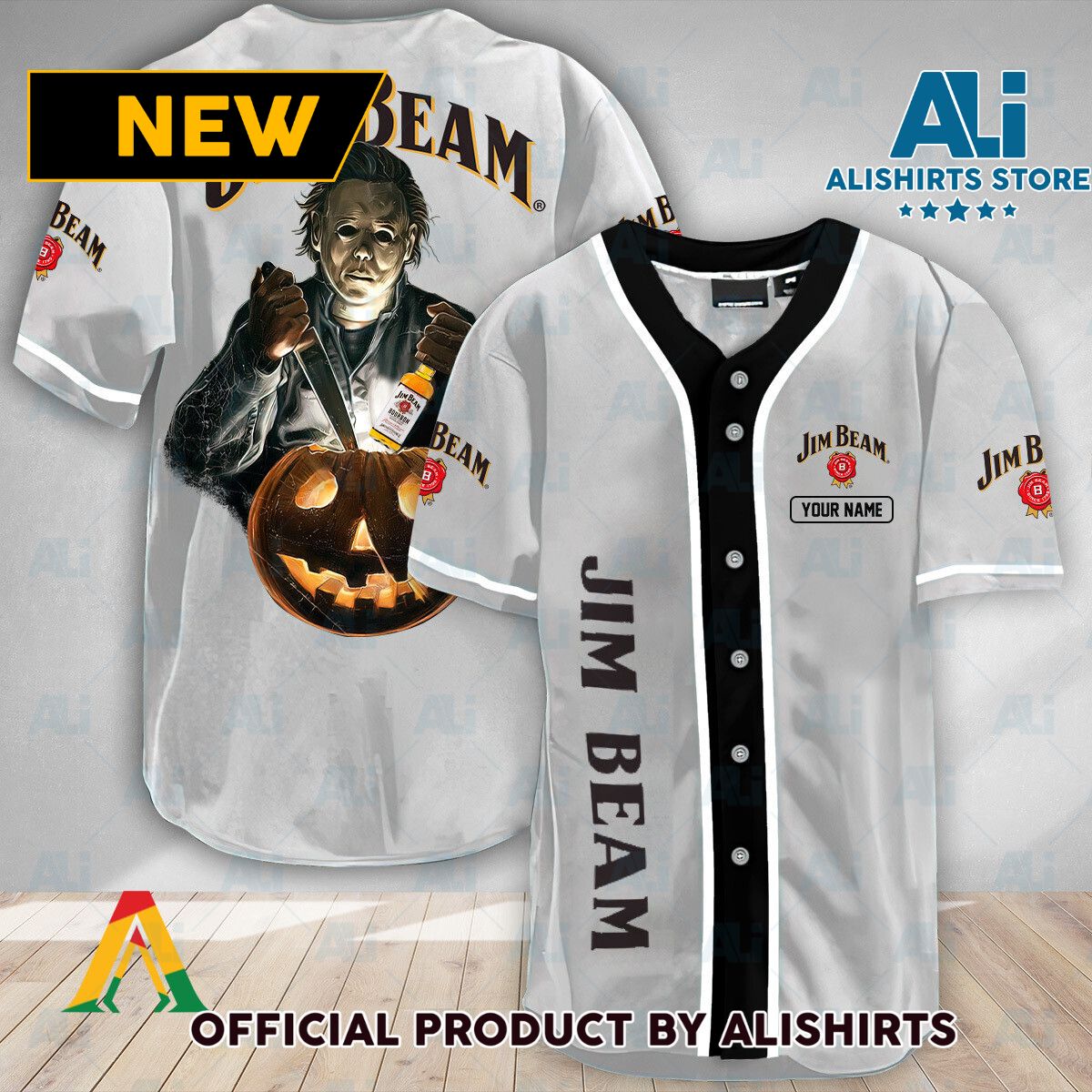 Personalized Scary Michael Myers Pumpkin Jim Beam Baseball Jersey