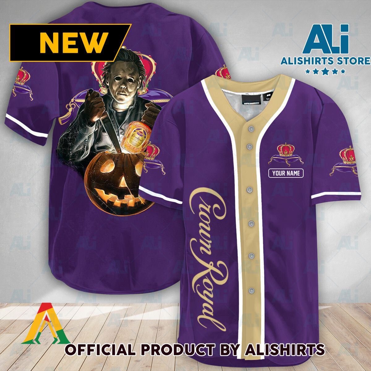 Personalized Scary Michael Myers Pumpkin Crown Royal Baseball Jersey