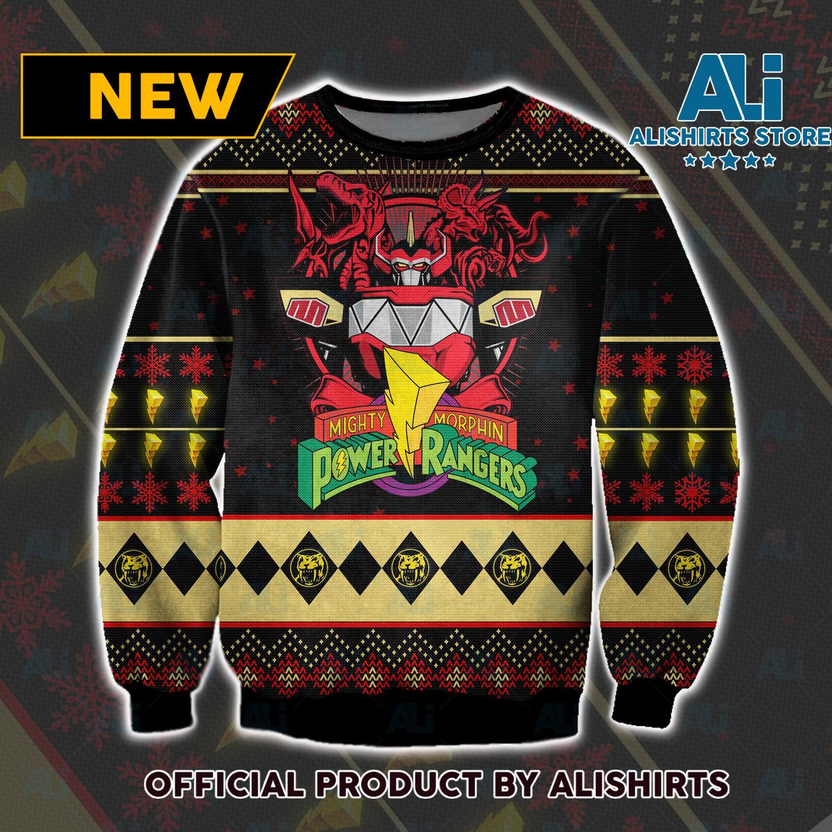 Megazord and Yellow Ranger Mighty Morphin Power Rangers Ugly Christmas Sweater