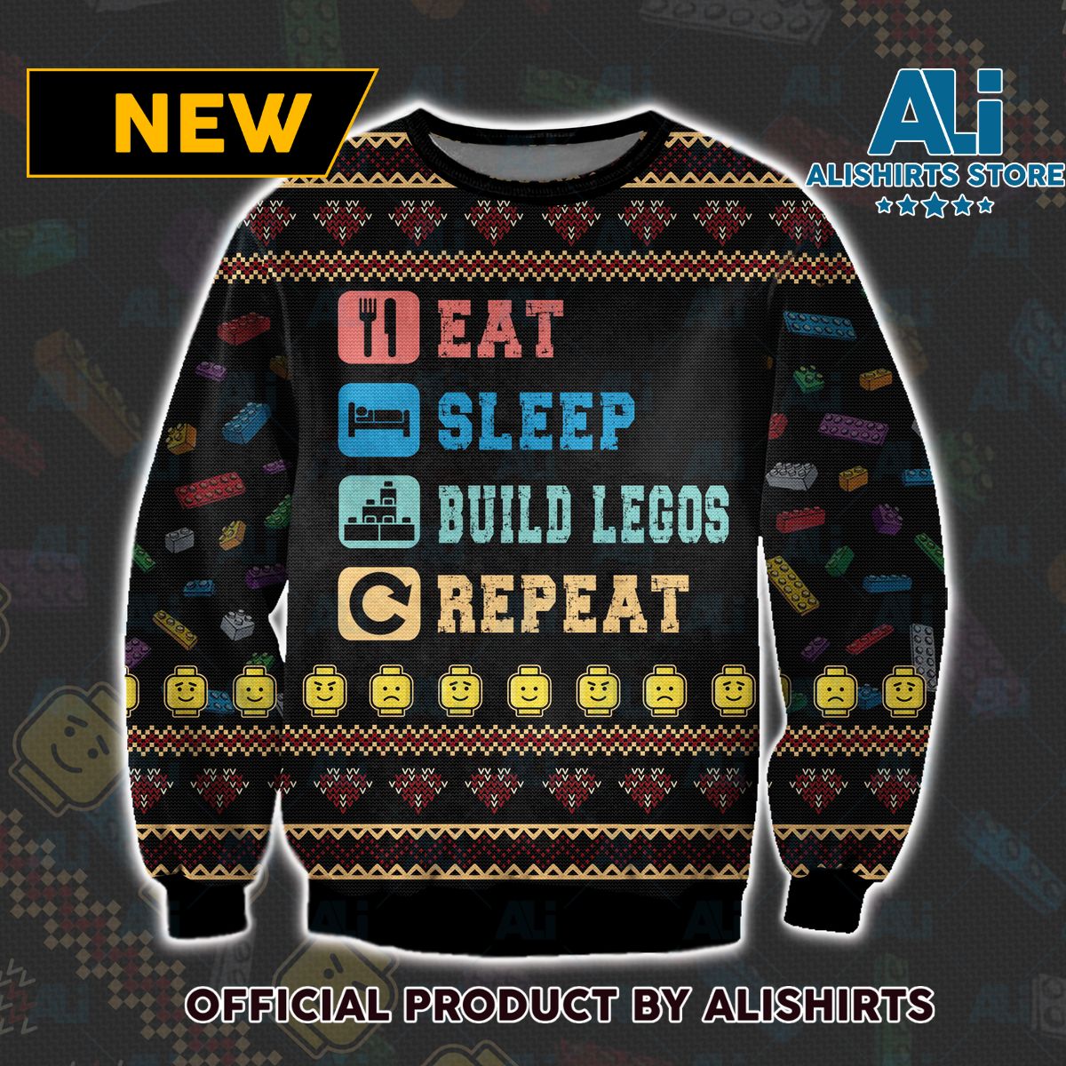 Eat Sleep Build Legos and Repeat Ugly Christmas Sweater