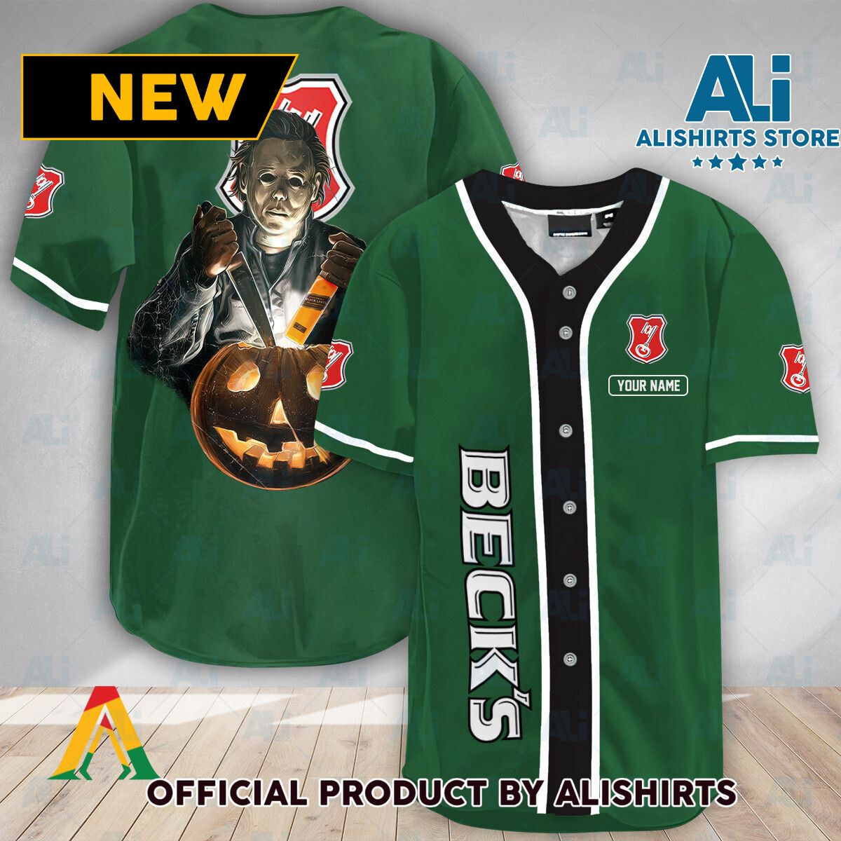 Personalized Scary Michael Myers Pumpkin Beck's Beer Baseball Jersey