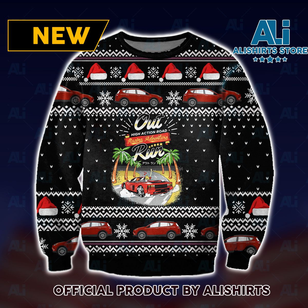 Outrun High Action Road Racing Adventure Ugly Christmas Sweater