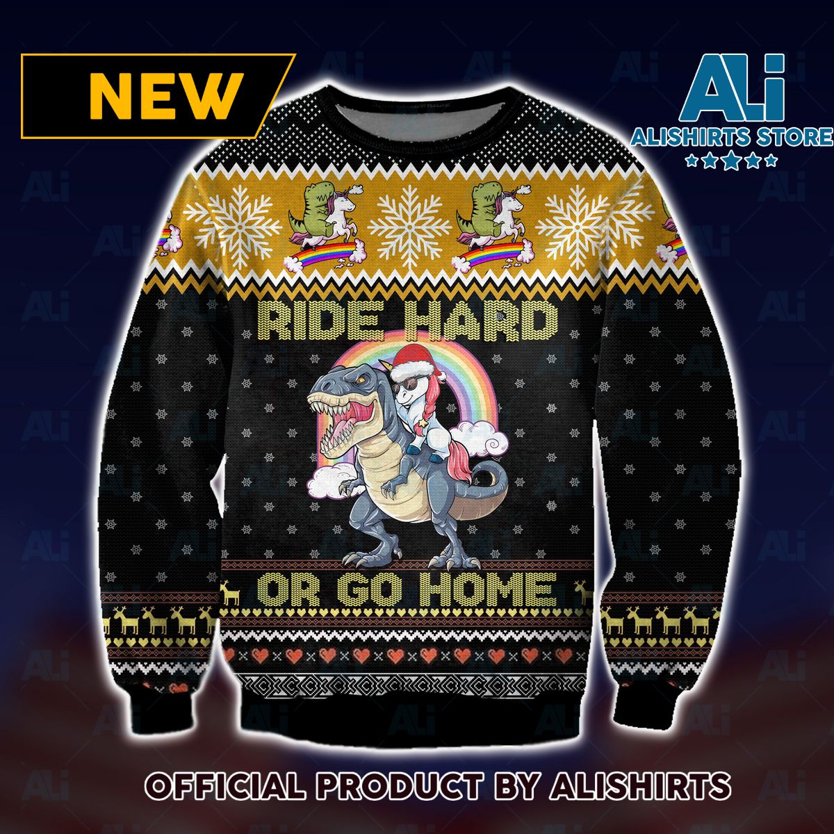 Dinosaur Unicorn Ride Hard Or Go Home Ugly Christmas Sweater