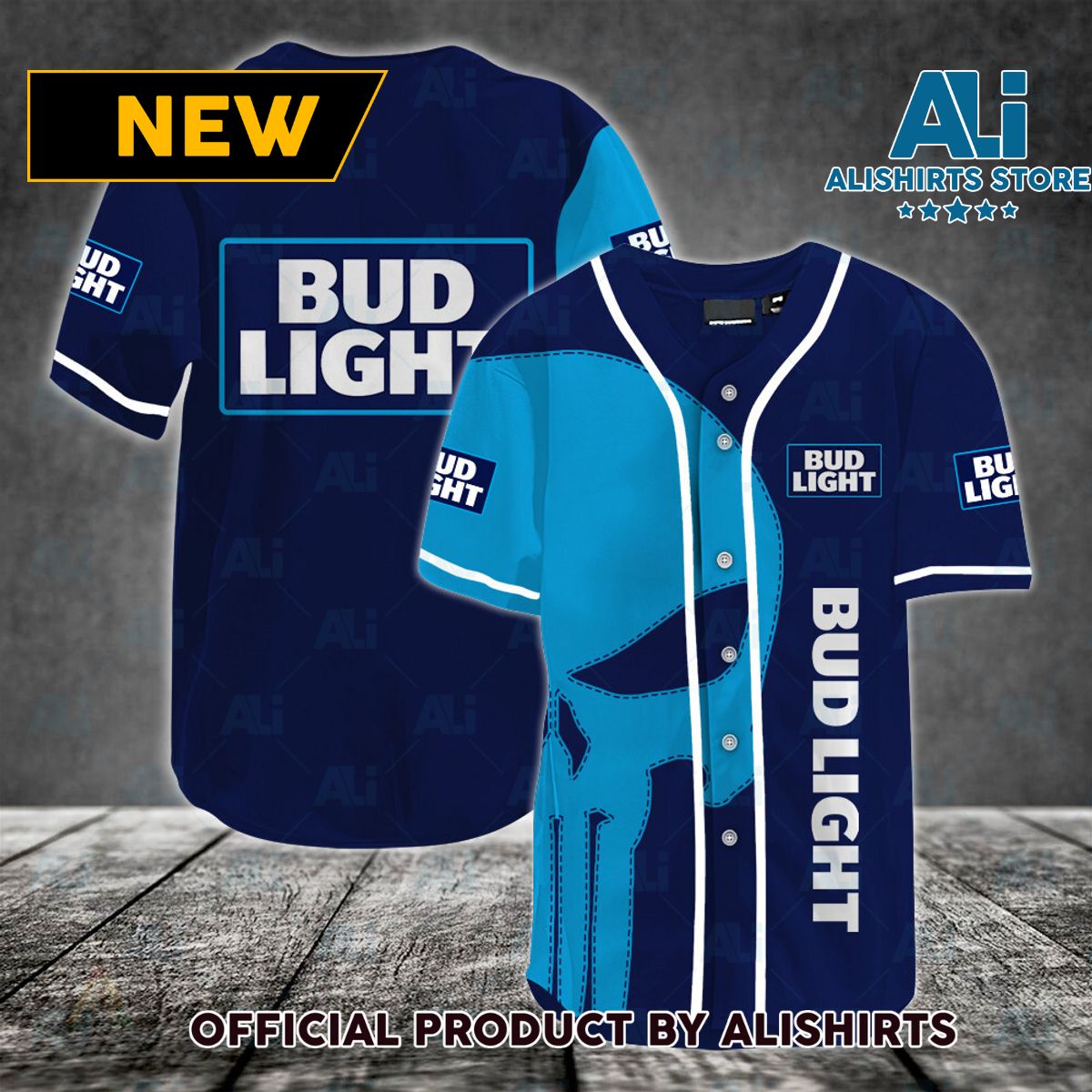 Light Blue Skull Bud Light Beer Baseball Jersey