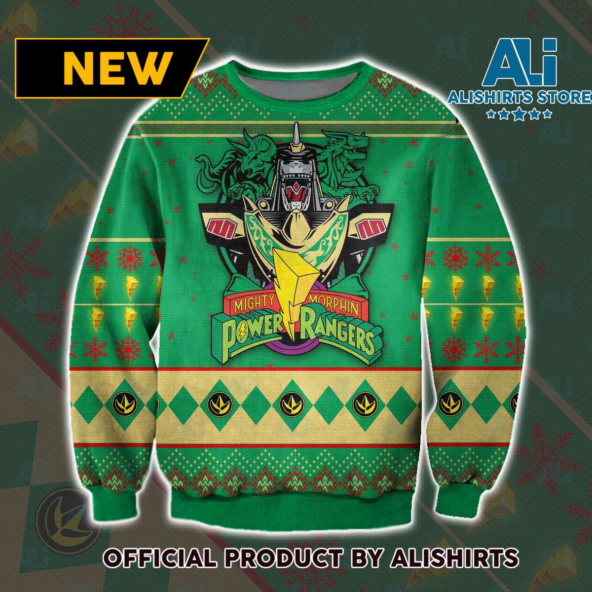 Dragonzord and Green Ranger Mighty Morphin Power Rangers Ugly Christmas Sweater