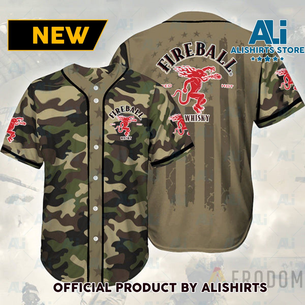 Camouflage Green Brown Fireball Cinnamon Whisky Baseball Jersey