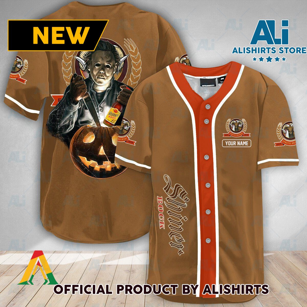 Personalized Scary Michael Myers Pumpkin Shiner Bock Baseball Jersey