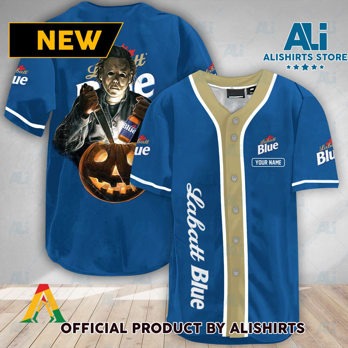 Personalized Scary Michael Myers Pumpkin Labatt Blue Baseball Jersey