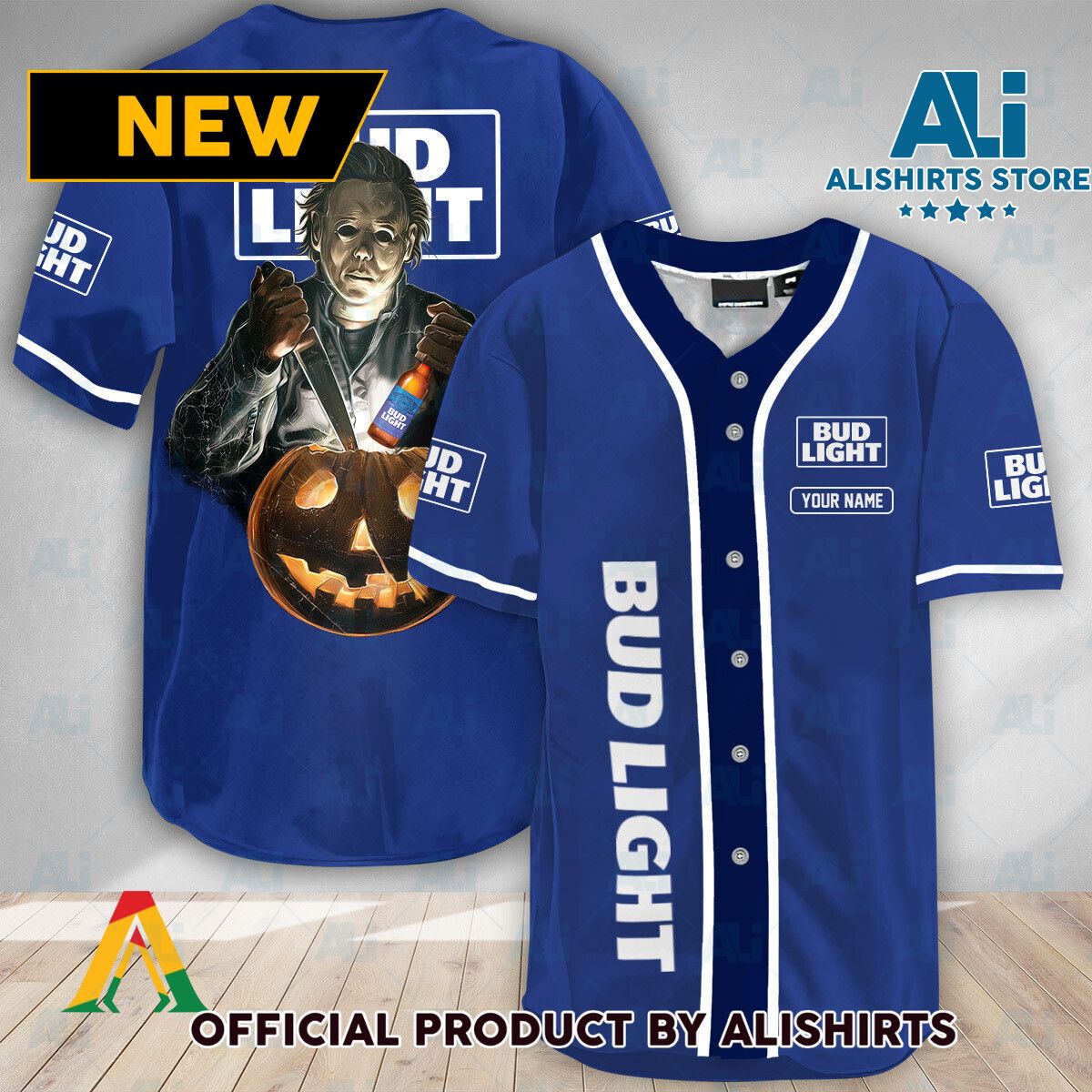 Personalized Scary Michael Myers Pumpkin Bud Light Baseball Jersey