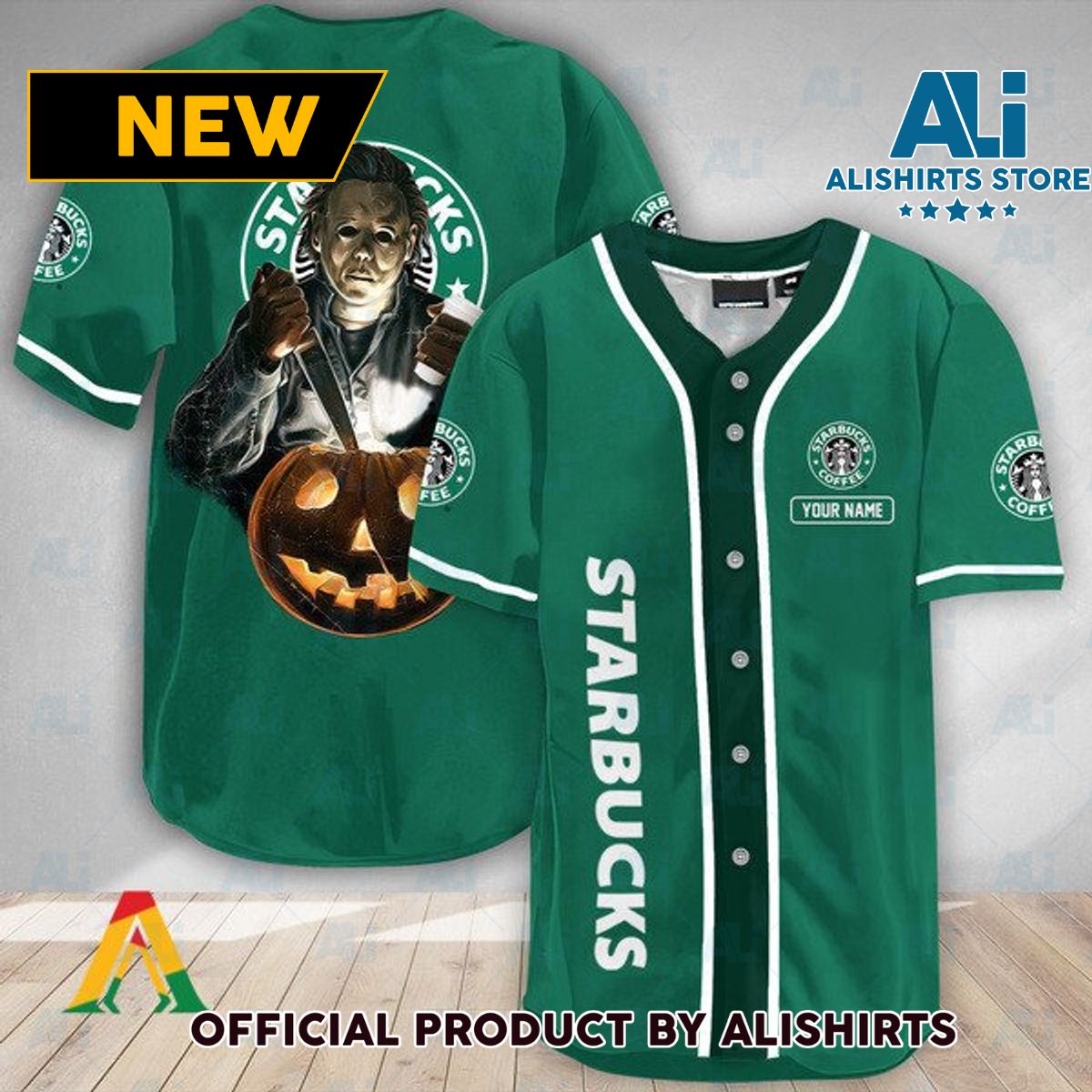 Personalized Scary Michael Myers Pumpkin Starbucks Baseball Jersey