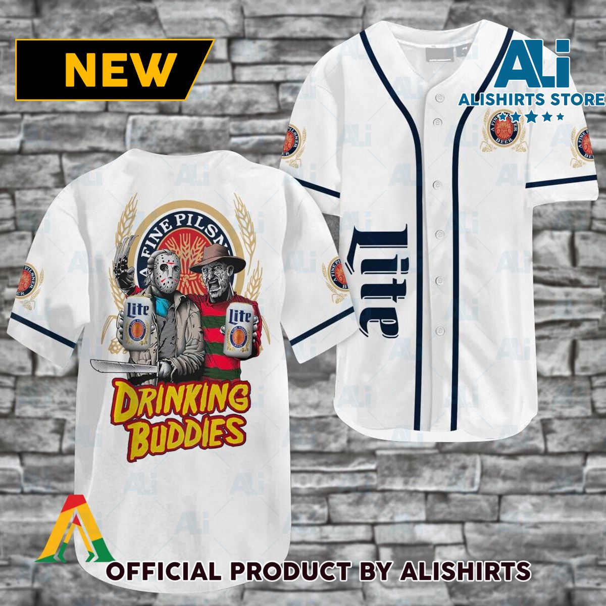 Horror Freddy & Jason Drinking Buddies Miller Lite Baseball Jersey