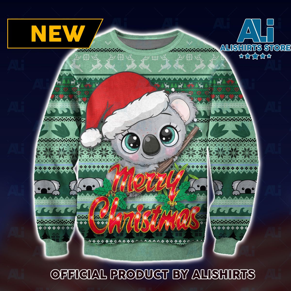 Koala Green Leaf Merry Christmas Ugly Christmas Sweater