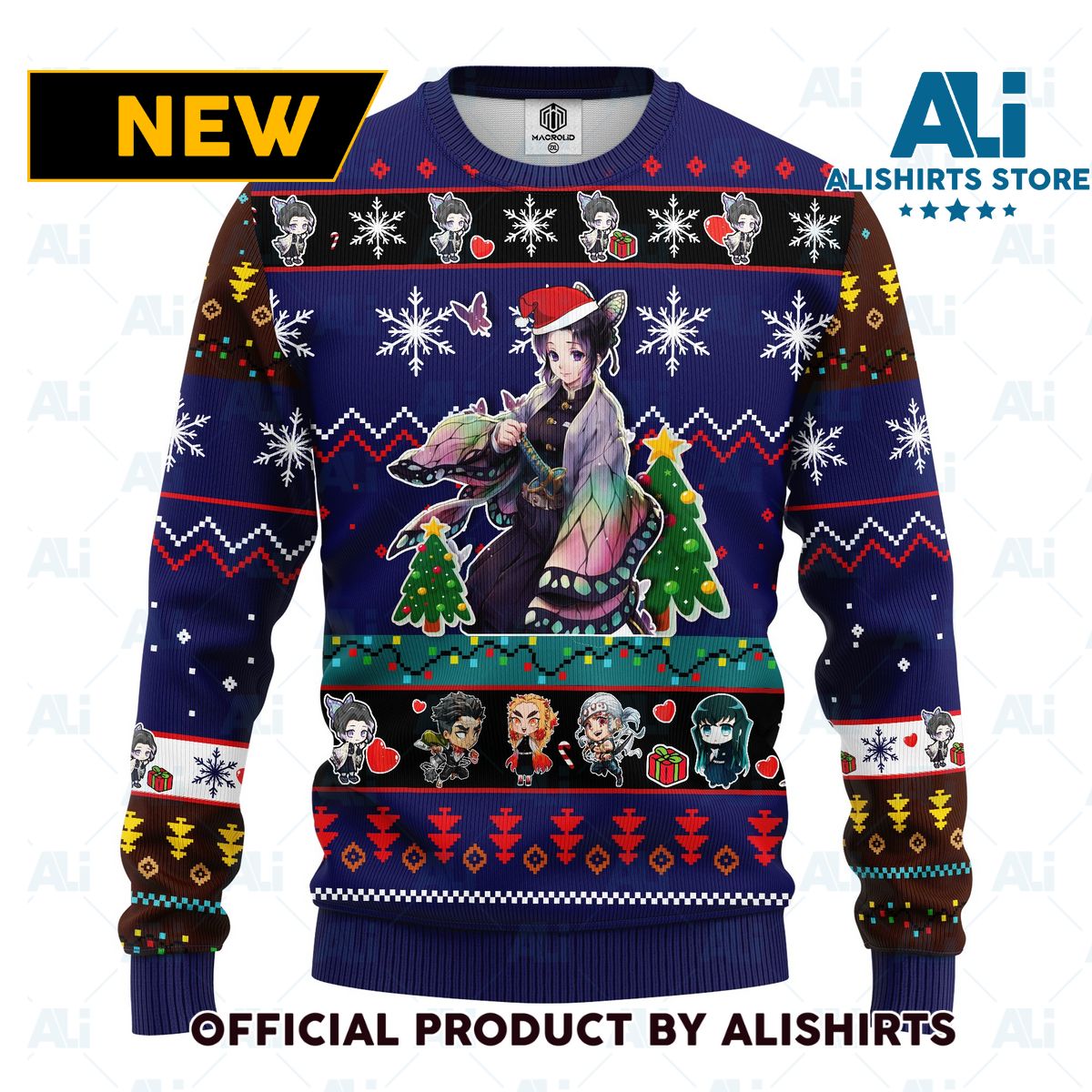 Shinobu Kocho demon slayer anime ugly christmas sweater blue