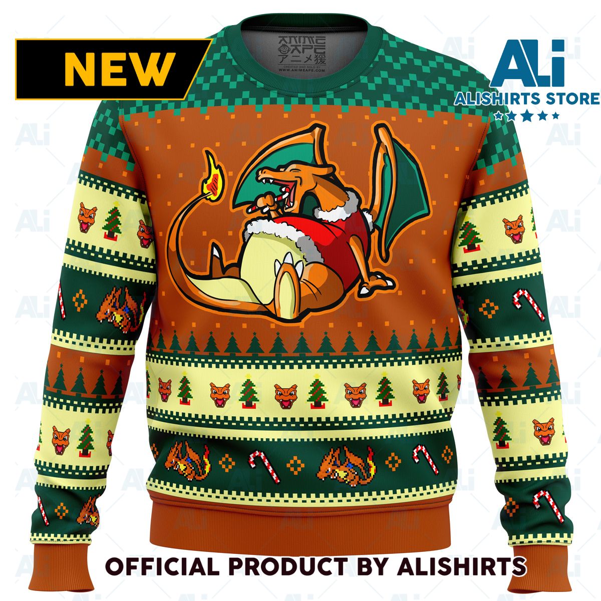 Pokemon Eating Candy Cane Charizard Ugly Christmas Sweater