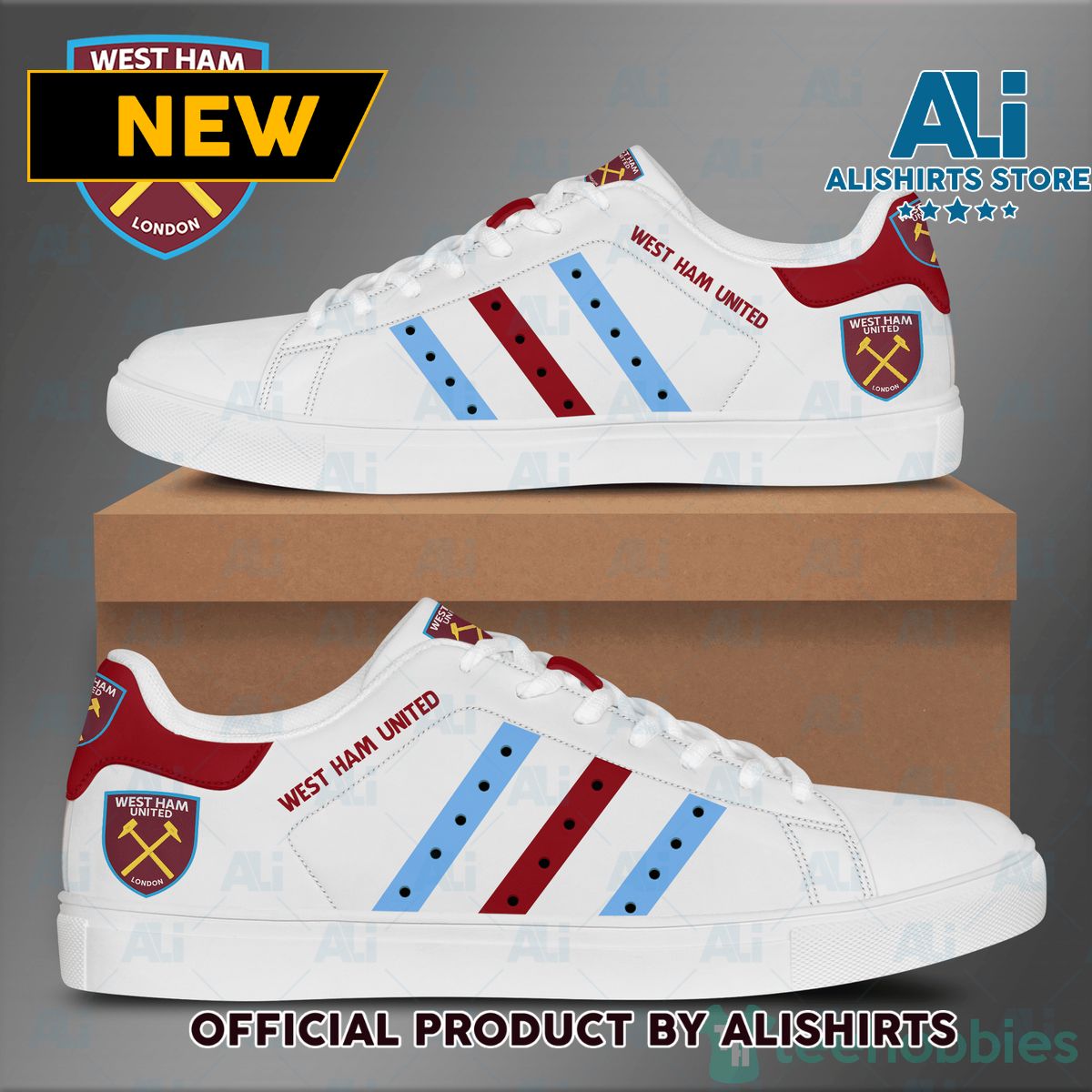 West Ham United Leather Light Blue Striped Adidas Stan Smith Low Top Skate Shoes