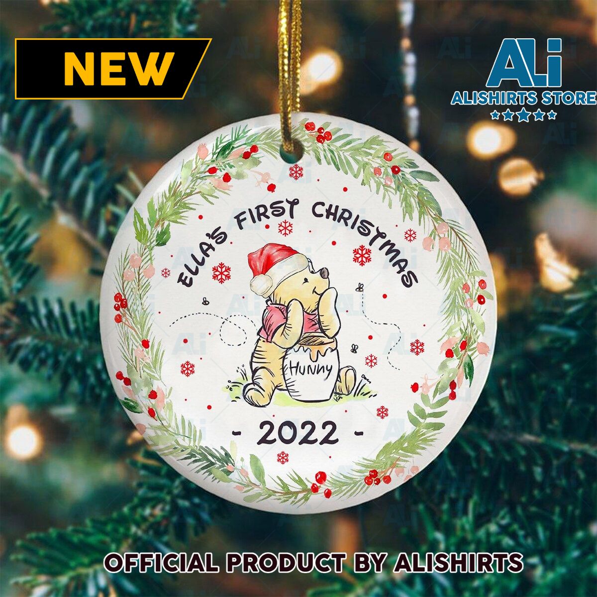Personalized Pooh Santa Ellas First Christmas Ornament