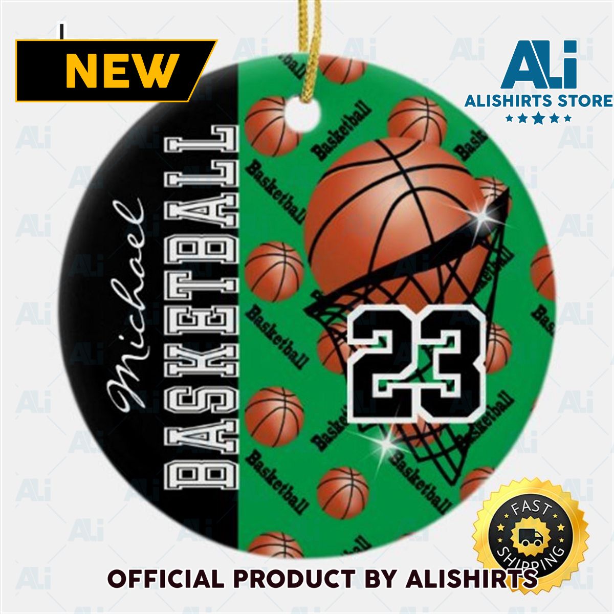 Personalize Green Basketball Ceramic NBA Christmas Ornaments