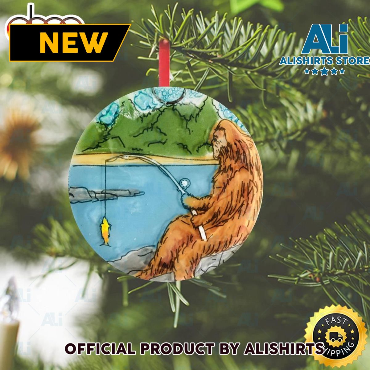 Bigfoot Fishing Christmas 2022 Bigfoot Yard Ornament