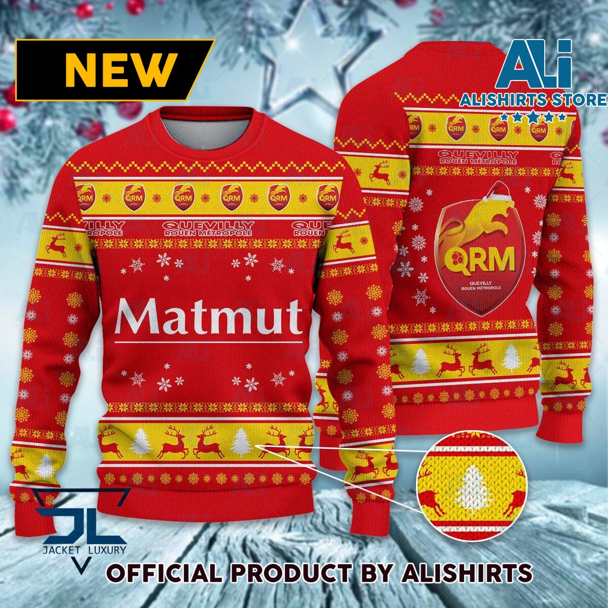 Quevilly Rouen Metropole Ligue 1 Ugly Christmas sweater