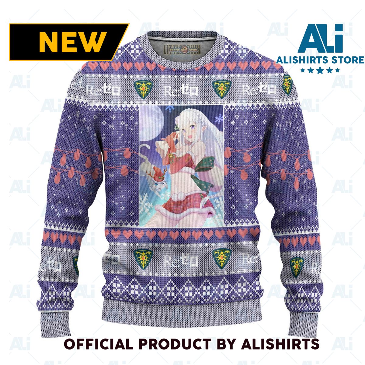 Emilia X Puck Anime Ugly Christmas Sweater Custom Re Zero