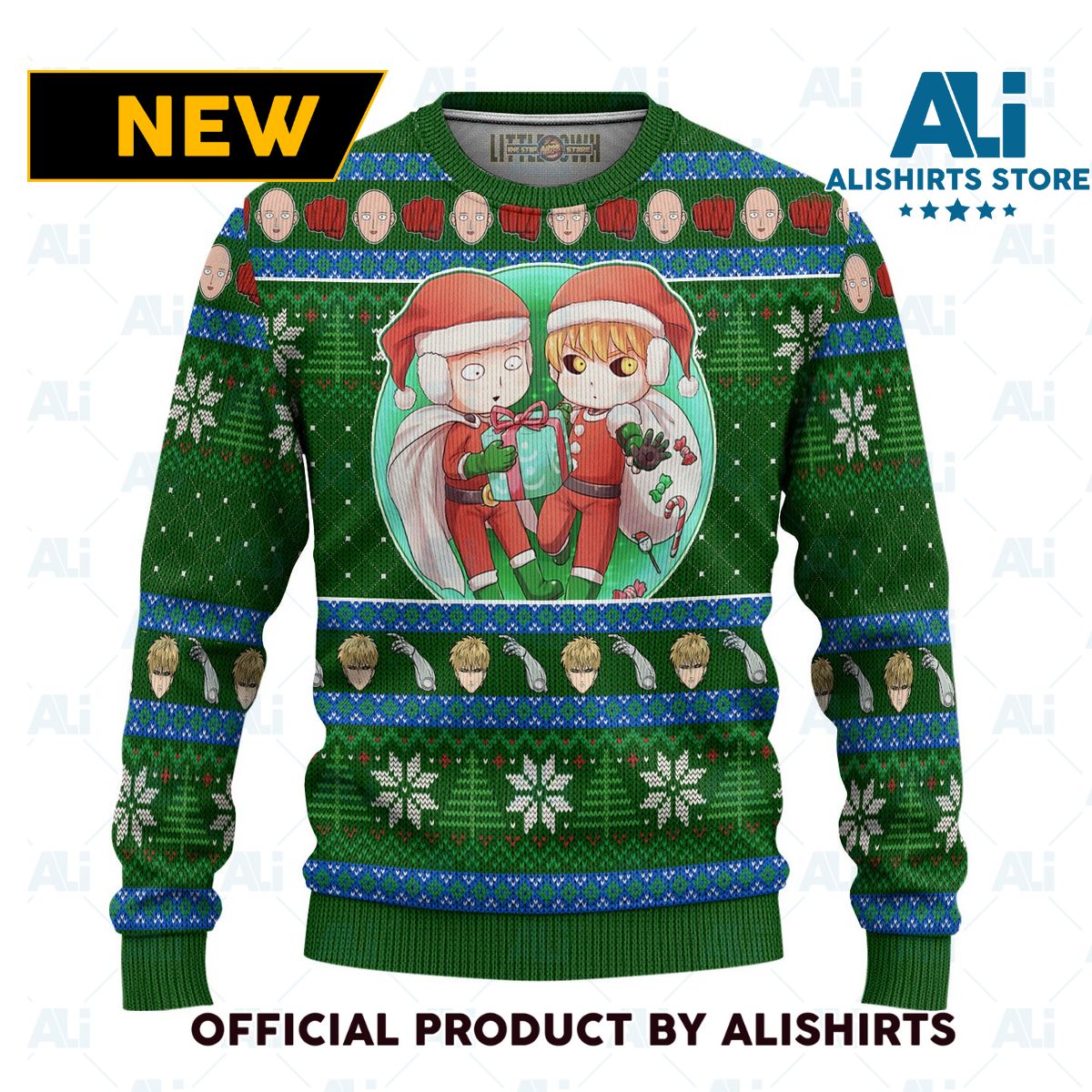 Genos X Saitama Anime Ugly Christmas Sweater Custom One Punch Man